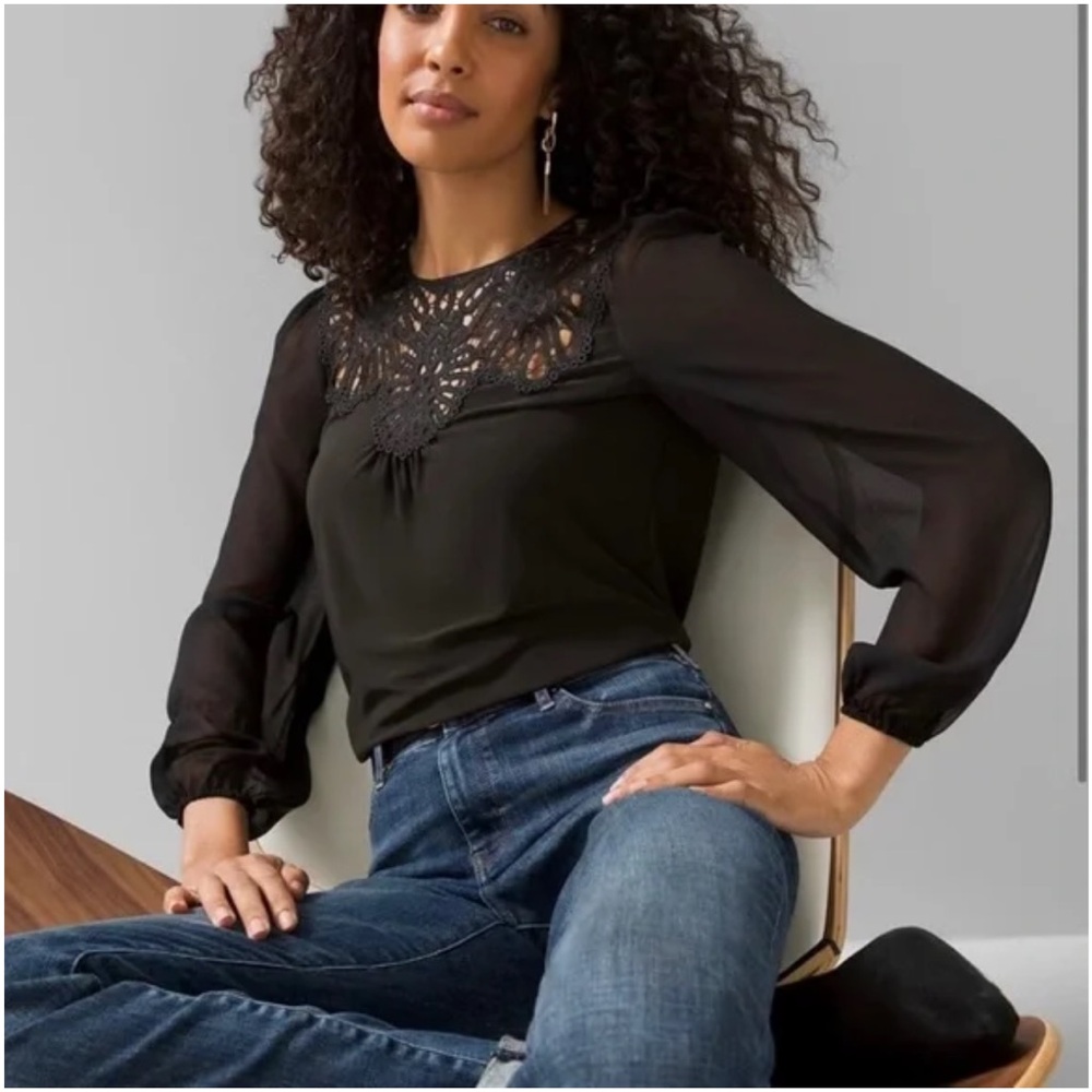 🏷️ WHBM Matte Jersey & Lace Crochet Sheer Sleeves Top MEDIUM Black EUC!